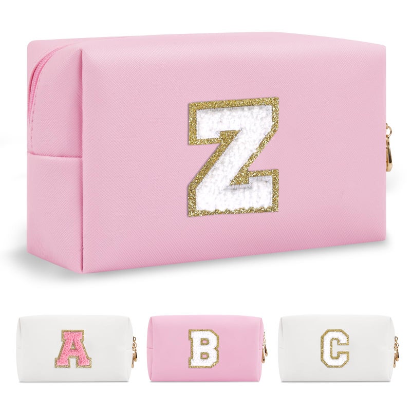ChaoGreat Personalized Initial A-Z Preppy Patch Makeup Bag Small PU Chenille Letter Cosmetic Bag with Zipper Waterproof Cute Toiletry Organizer Bag Monogram Makeup Case Gift for Women Girls Letter Z - Image 1